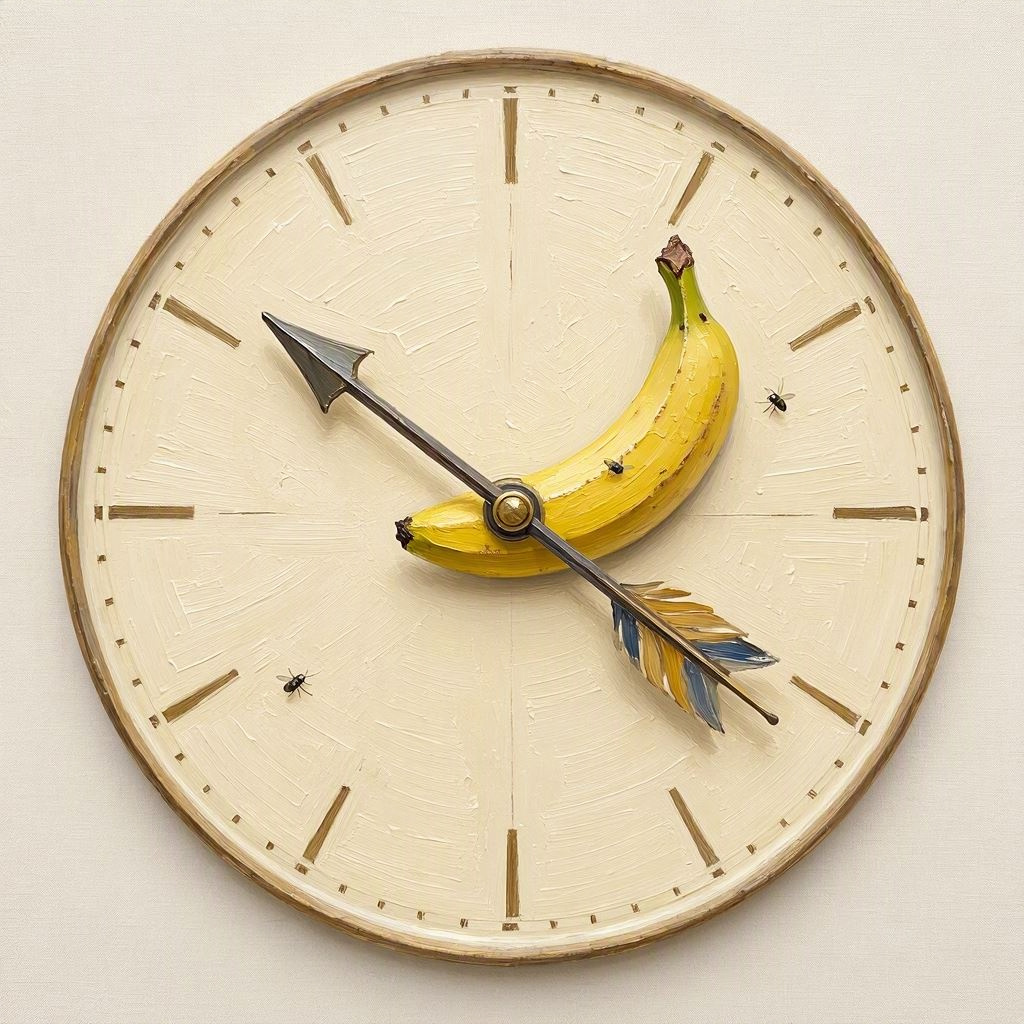 A painted clock whose hands are an arrow and a banana, with a few fruit flies nearby.